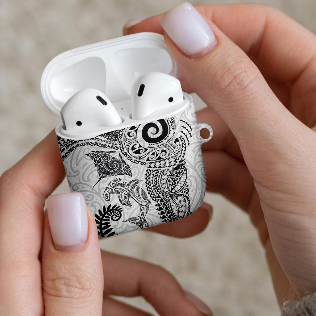 Aotearoa Maori Sea Animals Tribal AirPods Case Manta Ray and Shark Moko Pattern White Color