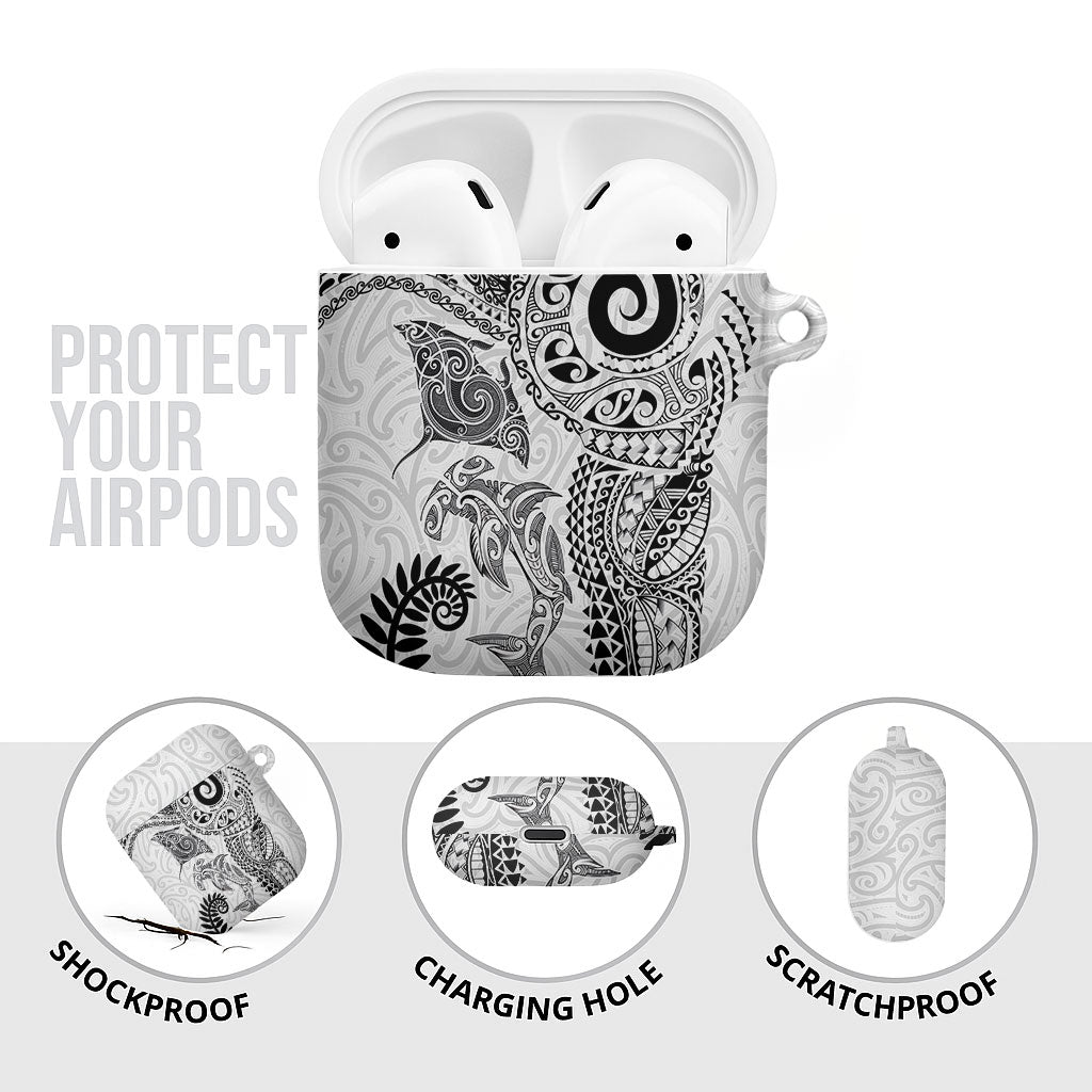 Aotearoa Maori Sea Animals Tribal AirPods Case Manta Ray and Shark Moko Pattern White Color