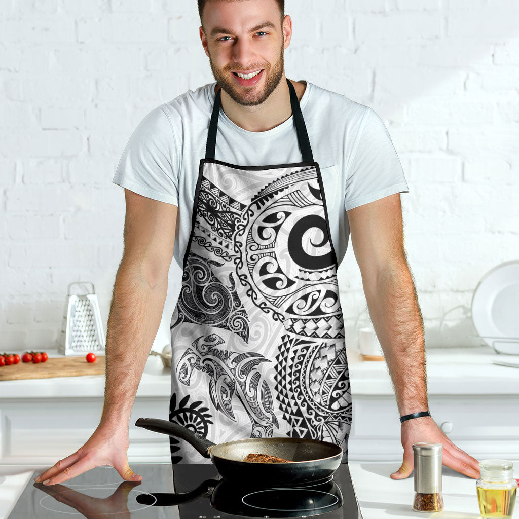 Aotearoa Maori Sea Animals Tribal Apron Manta Ray and Shark Moko Pattern White Color