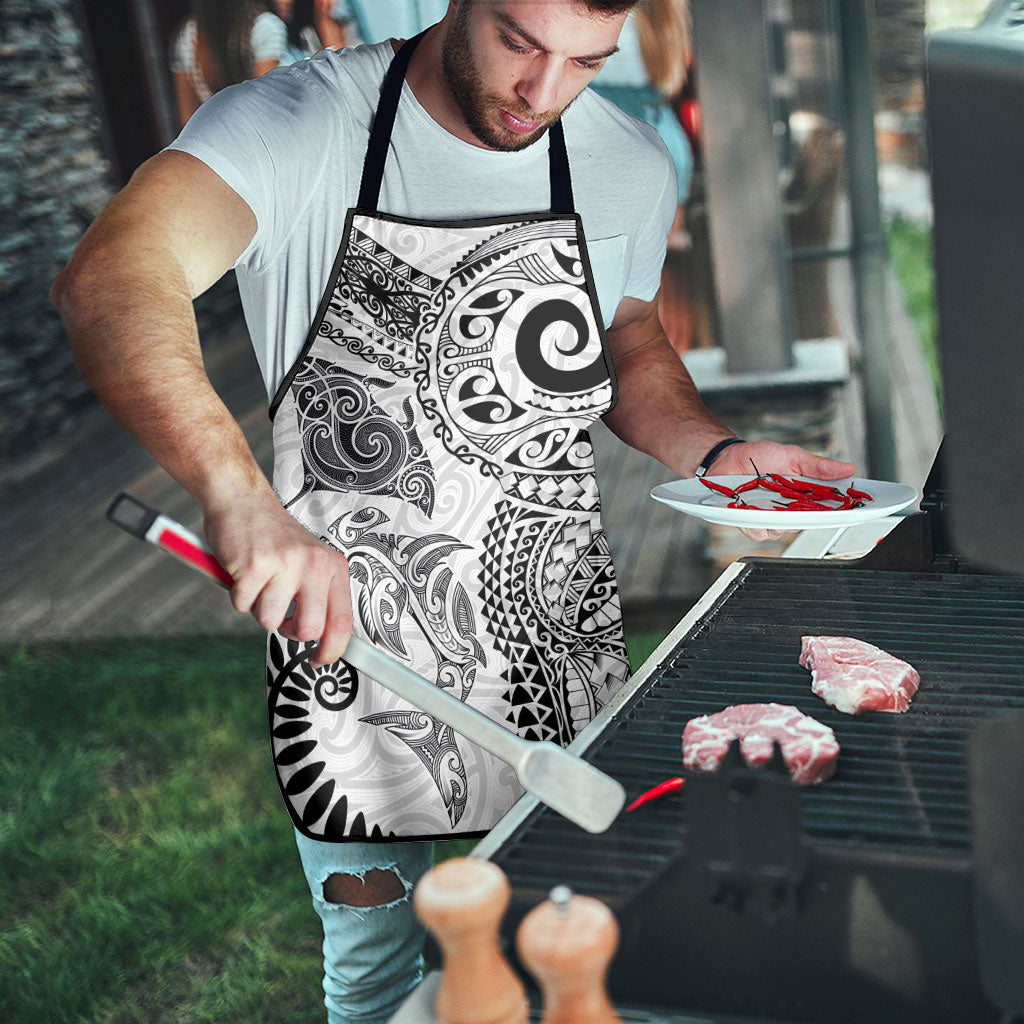 Aotearoa Maori Sea Animals Tribal Apron Manta Ray and Shark Moko Pattern White Color