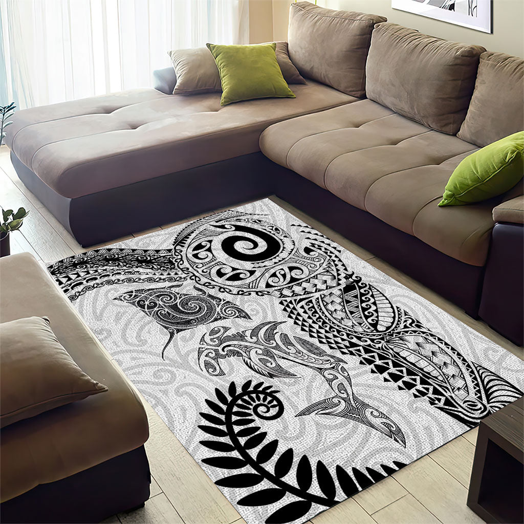 Aotearoa Maori Sea Animals Tribal Area Rug Manta Ray and Shark Moko Pattern White Color LT03 - Polynesian Pride
