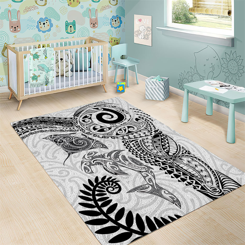 Aotearoa Maori Sea Animals Tribal Area Rug Manta Ray and Shark Moko Pattern White Color LT03 - Polynesian Pride