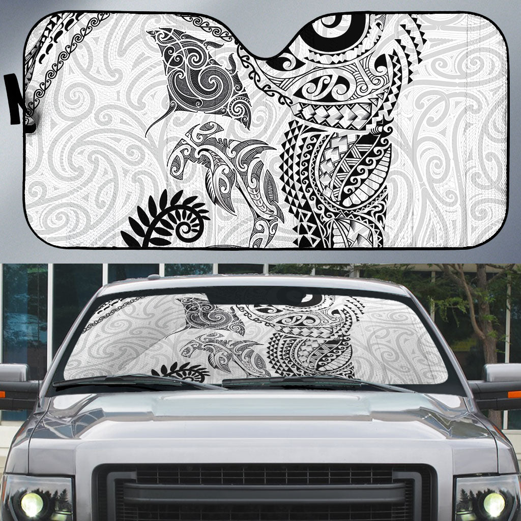Aotearoa Maori Sea Animals Tribal Auto Sun Shade Manta Ray and Shark Moko Pattern White Color LT03 White - Polynesian Pride