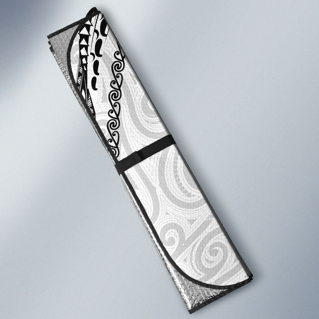 Aotearoa Maori Sea Animals Tribal Auto Sun Shade Manta Ray and Shark Moko Pattern White Color LT03 - Polynesian Pride
