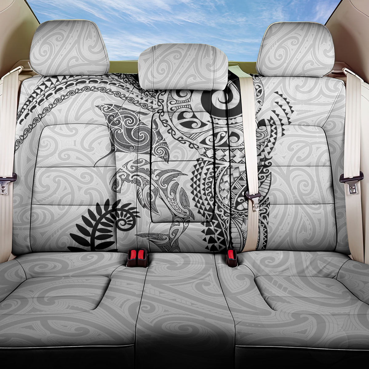 Aotearoa Maori Sea Animals Tribal Back Car Seat Cover Manta Ray and Shark Moko Pattern White Color LT03 One Size White - Polynesian Pride