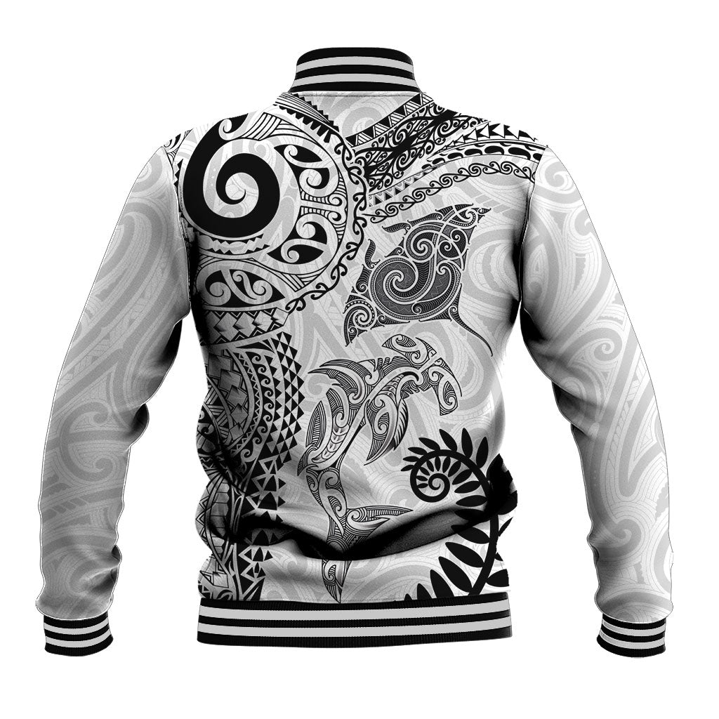 Aotearoa Maori Sea Animals Tribal Baseball Jacket Manta Ray and Shark Moko Pattern White Color