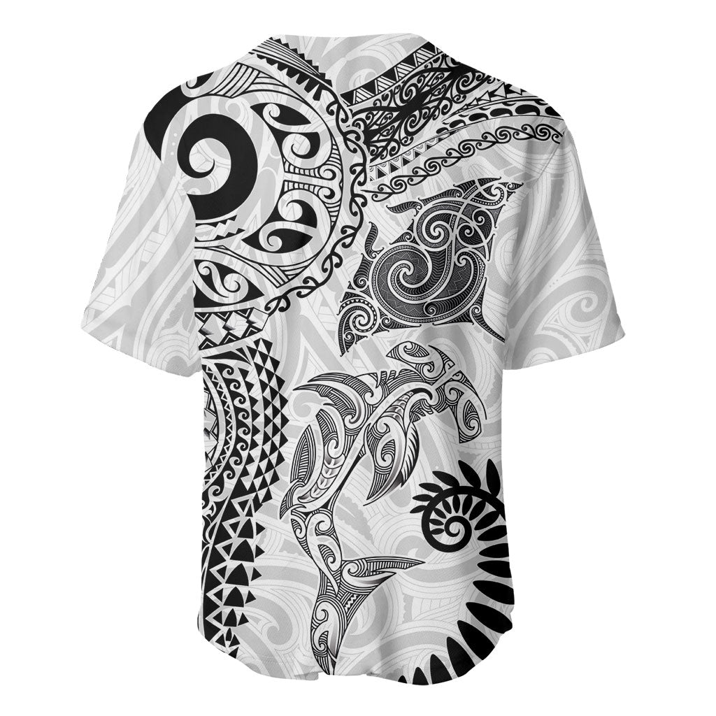 Aotearoa Maori Sea Animals Tribal Baseball Jersey Manta Ray and Shark Moko Pattern White Color LT03 - Polynesian Pride