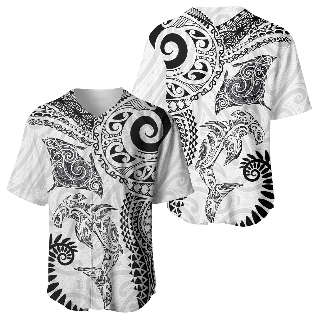 Aotearoa Maori Sea Animals Tribal Baseball Jersey Manta Ray and Shark Moko Pattern White Color LT03 - Polynesian Pride