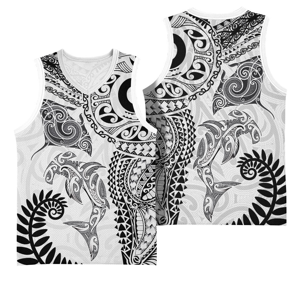 Aotearoa Maori Sea Animals Tribal Basketball Jersey Manta Ray and Shark Moko Pattern White Color