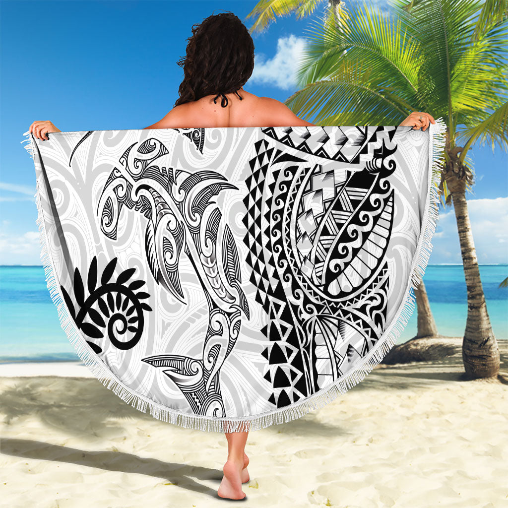 Aotearoa Maori Sea Animals Tribal Beach Blanket Manta Ray and Shark Moko Pattern White Color LT03 - Polynesian Pride