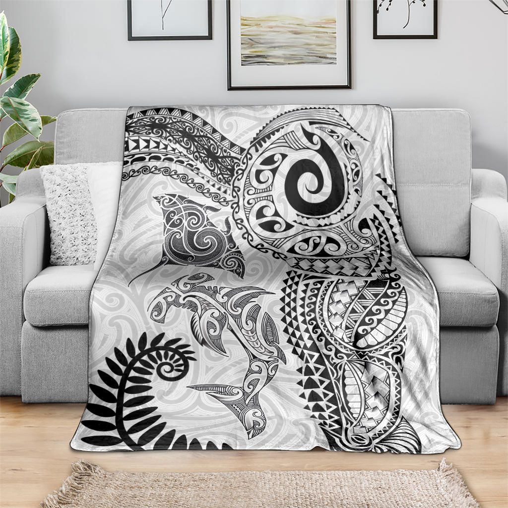 Aotearoa Maori Sea Animals Tribal Blanket Manta Ray and Shark Moko Pattern White Color