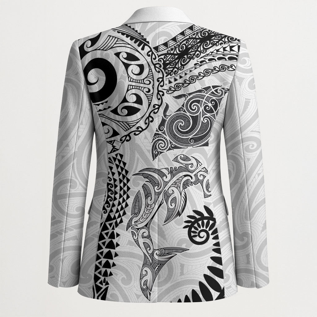 Aotearoa Maori Sea Animals Tribal Blazer Manta Ray and Shark Moko Pattern White Color
