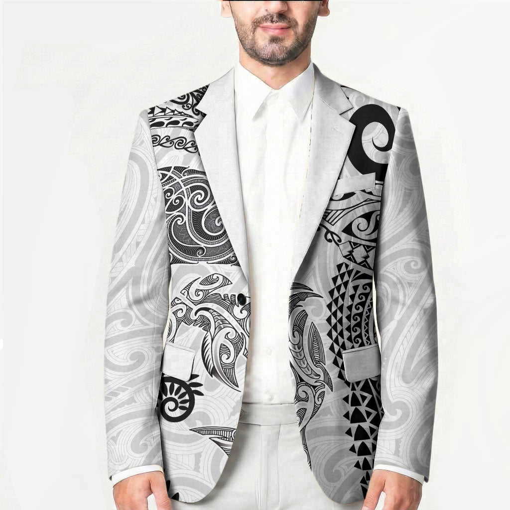 Aotearoa Maori Sea Animals Tribal Blazer Manta Ray and Shark Moko Pattern White Color