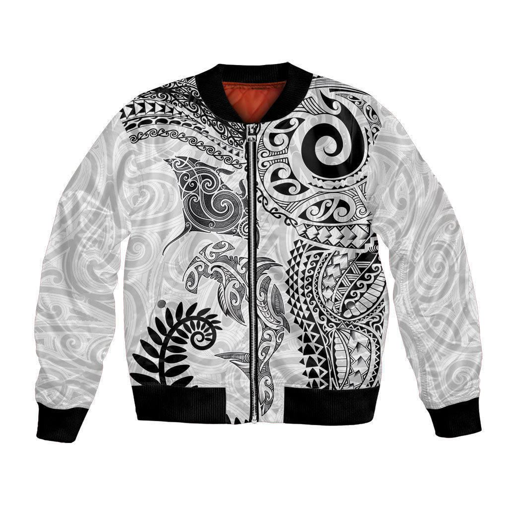 Aotearoa Maori Sea Animals Tribal Bomber Jacket Manta Ray and Shark Moko Pattern White Color LT03 Unisex White - Polynesian Pride