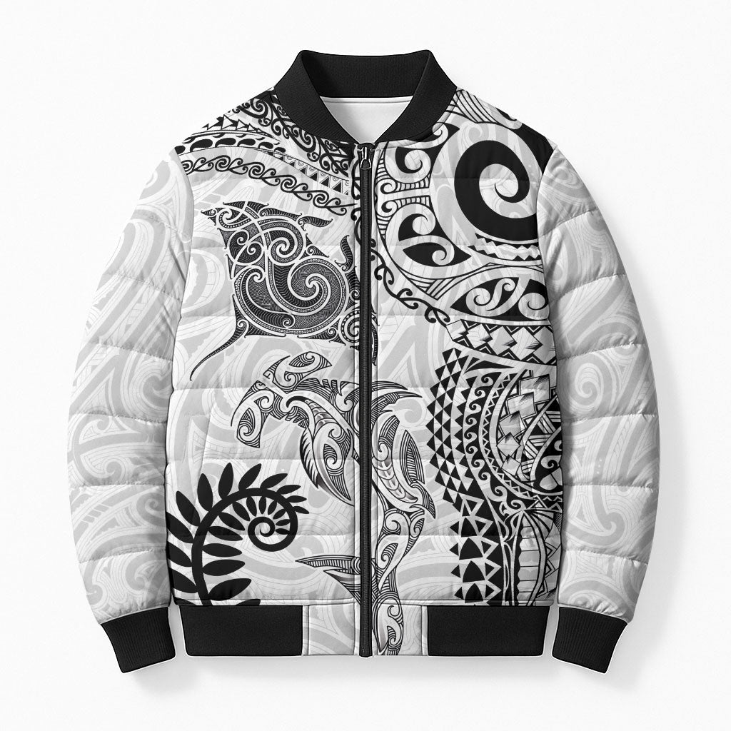 Aotearoa Maori Sea Animals Tribal Bomber Puffer Jacket Manta Ray and Shark Moko Pattern White Color LT03 Unisex White - Polynesian Pride