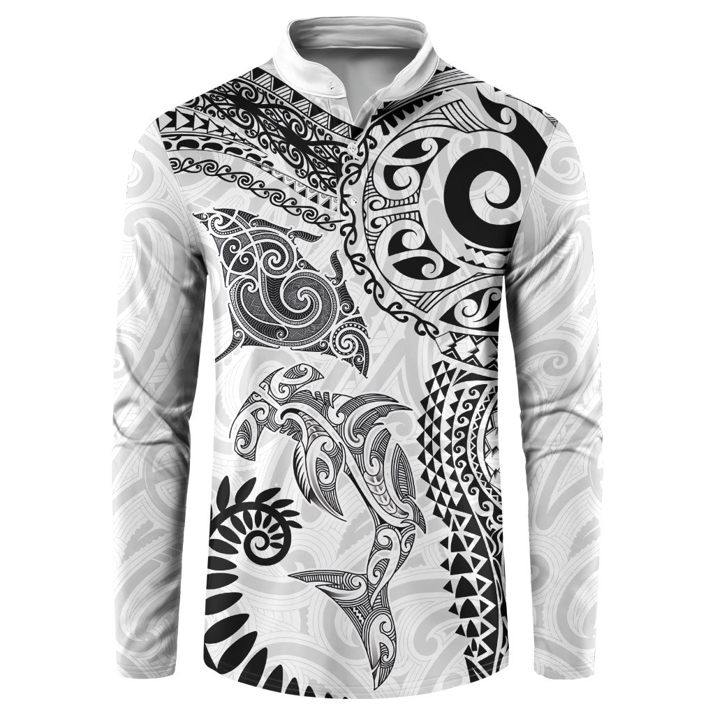 Aotearoa Maori Sea Animals Tribal Button Sweatshirt Manta Ray and Shark Moko Pattern White Color LT03 White - Polynesian Pride