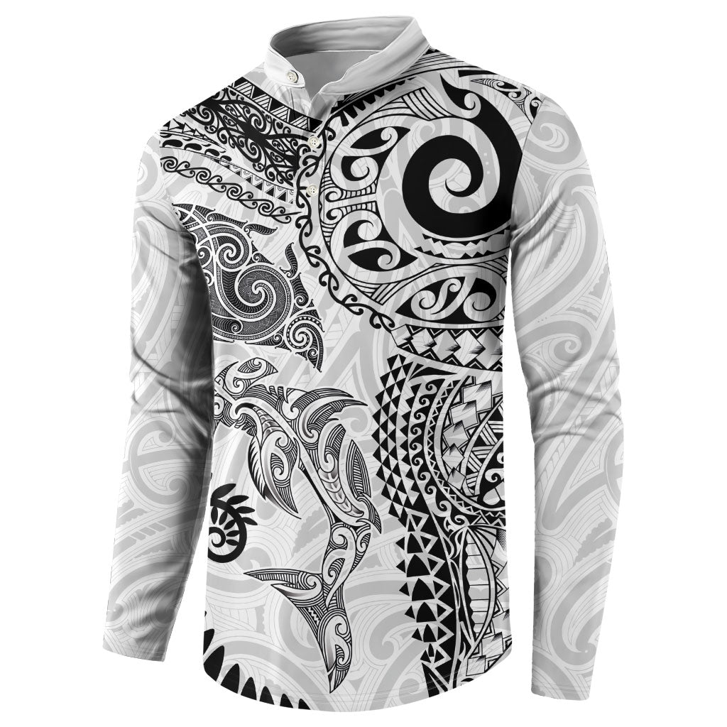 Aotearoa Maori Sea Animals Tribal Button Sweatshirt Manta Ray and Shark Moko Pattern White Color