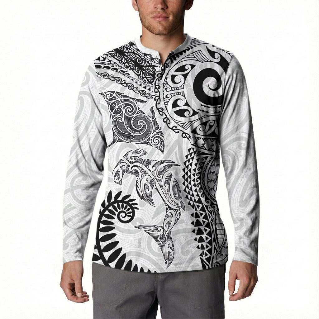 Aotearoa Maori Sea Animals Tribal Button Sweatshirt Manta Ray and Shark Moko Pattern White Color