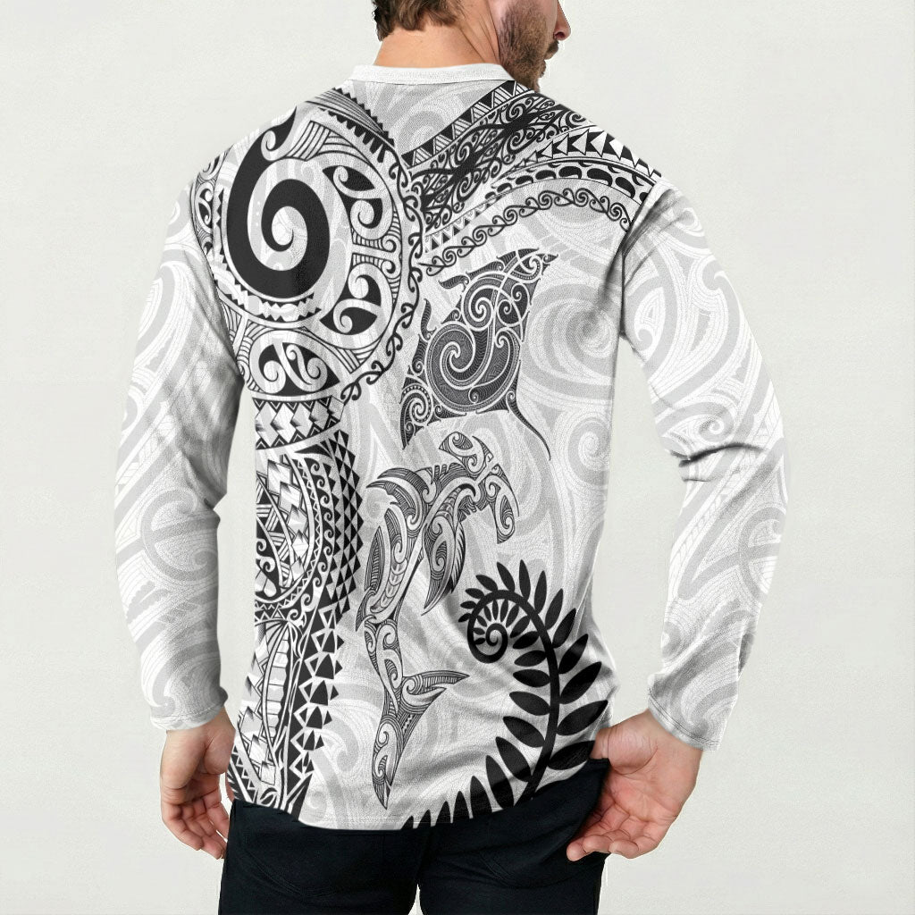 Aotearoa Maori Sea Animals Tribal Button Sweatshirt Manta Ray and Shark Moko Pattern White Color