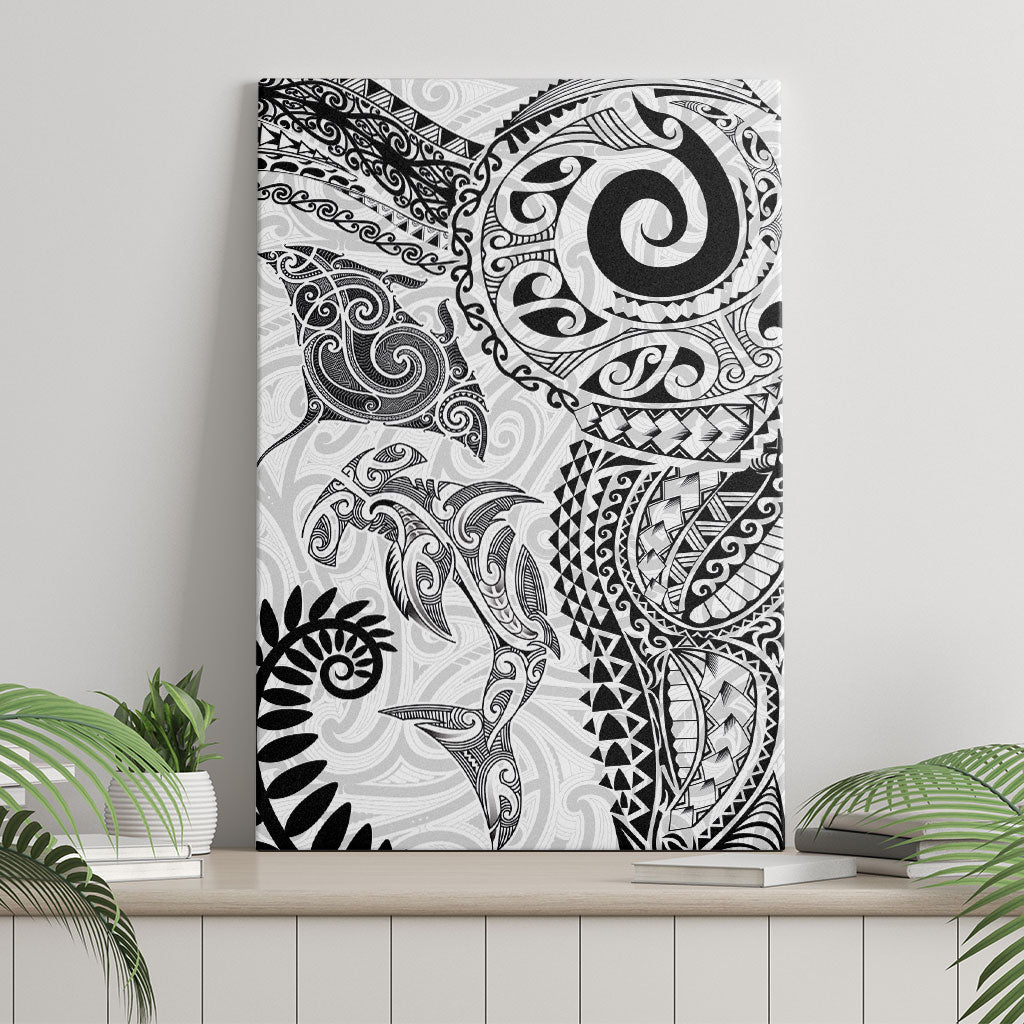 Aotearoa Maori Sea Animals Tribal Canvas Wall Art Manta Ray and Shark Moko Pattern White Color LT03 - Polynesian Pride