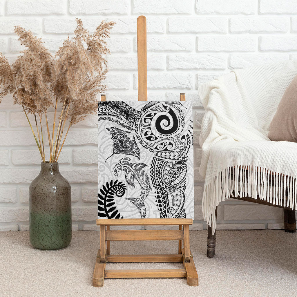Aotearoa Maori Sea Animals Tribal Canvas Wall Art Manta Ray and Shark Moko Pattern White Color LT03 - Polynesian Pride