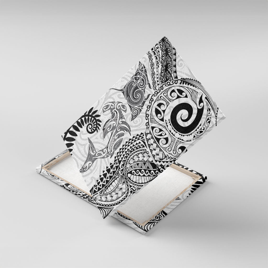 Aotearoa Maori Sea Animals Tribal Canvas Wall Art Manta Ray and Shark Moko Pattern White Color LT03 With Frame White - Polynesian Pride