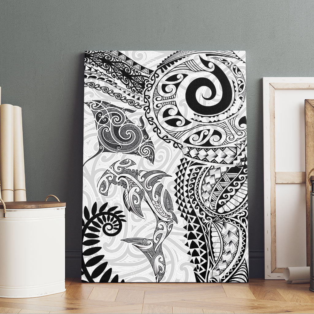 Aotearoa Maori Sea Animals Tribal Canvas Wall Art Manta Ray and Shark Moko Pattern White Color LT03 - Polynesian Pride