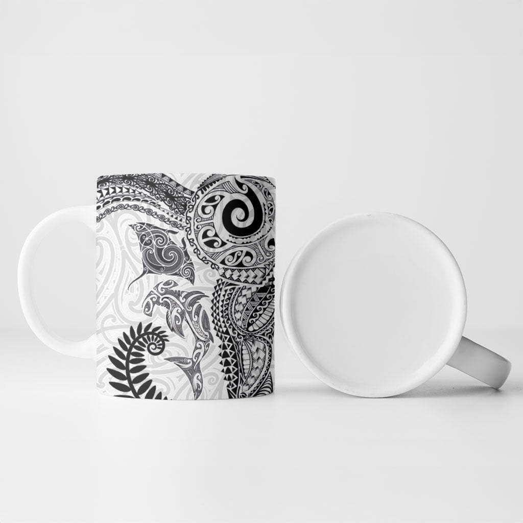 Aotearoa Maori Sea Animals Tribal Ceramic Mug Manta Ray and Shark Moko Pattern White Color