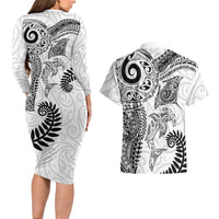 Aotearoa Maori Sea Animals Tribal Couples Matching Long Sleeve Bodycon Dress and Hawaiian Shirt Manta Ray and Shark Moko Pattern White Color