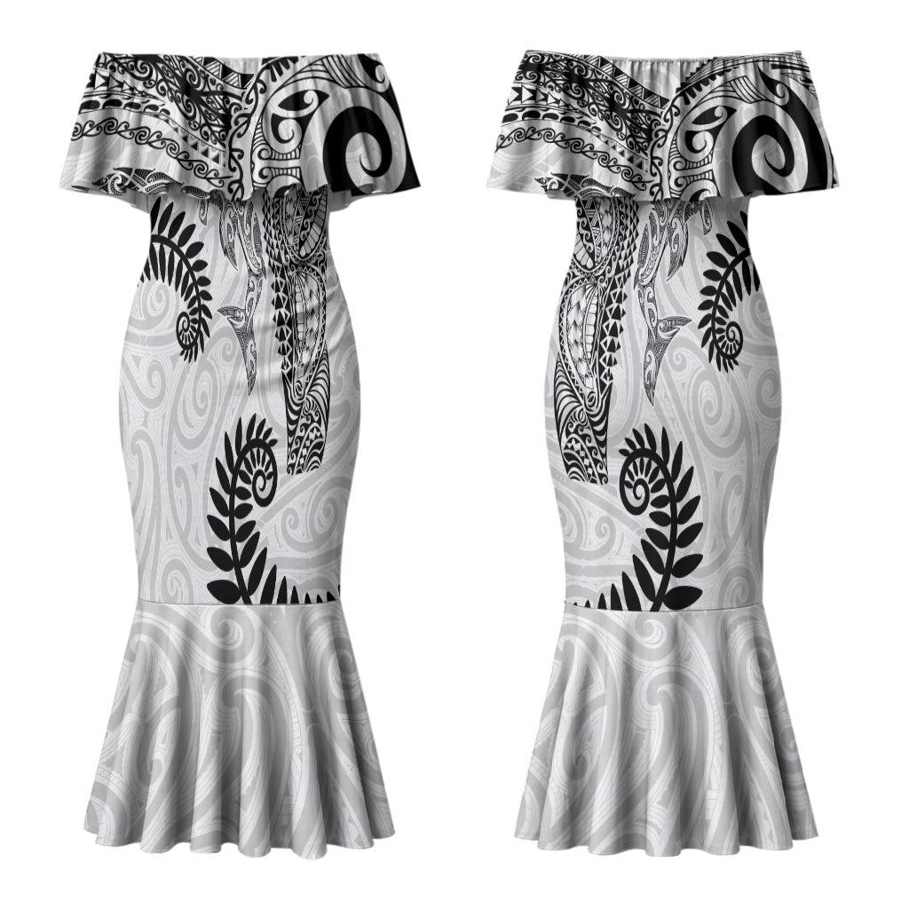 Aotearoa Maori Sea Animals Tribal Couples Matching Mermaid Dress and Hawaiian Shirt Manta Ray and Shark Moko Pattern White Color LT03 - Polynesian Pride