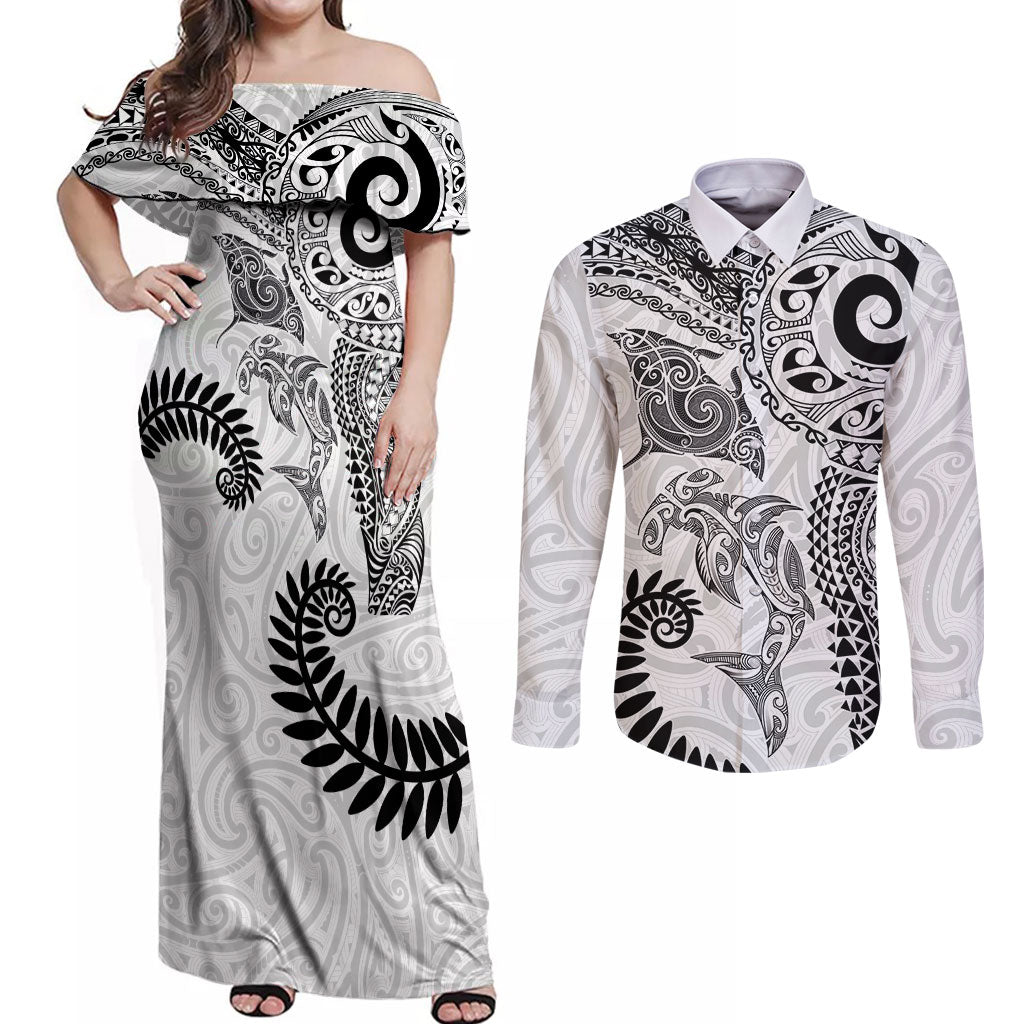 Aotearoa Maori Sea Animals Tribal Couples Matching Off Shoulder Maxi Dress and Long Sleeve Button Shirt Manta Ray and Shark Moko Pattern White Color