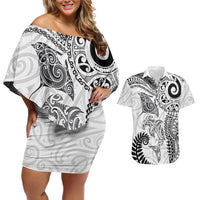 Aotearoa Maori Sea Animals Tribal Couples Matching Off Shoulder Short Dress and Hawaiian Shirt Manta Ray and Shark Moko Pattern White Color