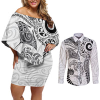 Aotearoa Maori Sea Animals Tribal Couples Matching Off Shoulder Short Dress and Long Sleeve Button Shirt Manta Ray and Shark Moko Pattern White Color