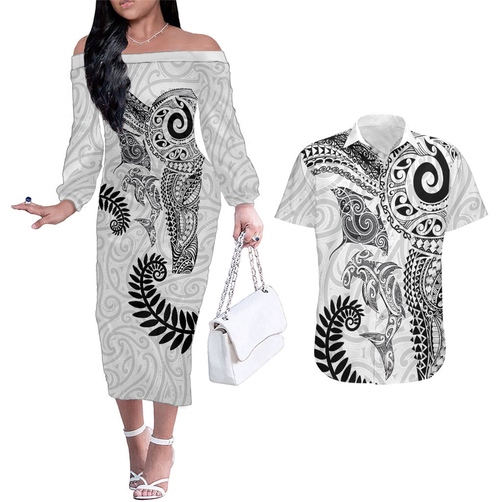 Aotearoa Maori Sea Animals Tribal Couples Matching Off The Shoulder Long Sleeve Dress and Hawaiian Shirt Manta Ray and Shark Moko Pattern White Color LT03 White - Polynesian Pride