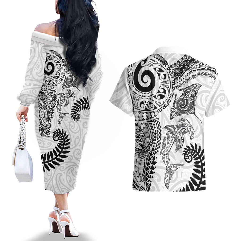 Aotearoa Maori Sea Animals Tribal Couples Matching Off The Shoulder Long Sleeve Dress and Hawaiian Shirt Manta Ray and Shark Moko Pattern White Color