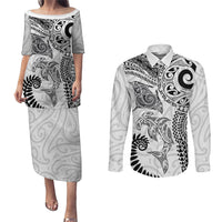 Aotearoa Maori Sea Animals Tribal Couples Matching Puletasi and Long Sleeve Button Shirt Manta Ray and Shark Moko Pattern White Color