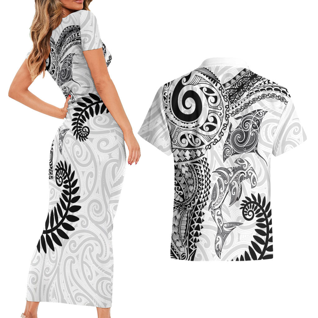 Aotearoa Maori Sea Animals Tribal Couples Matching Short Sleeve Bodycon Dress and Hawaiian Shirt Manta Ray and Shark Moko Pattern White Color