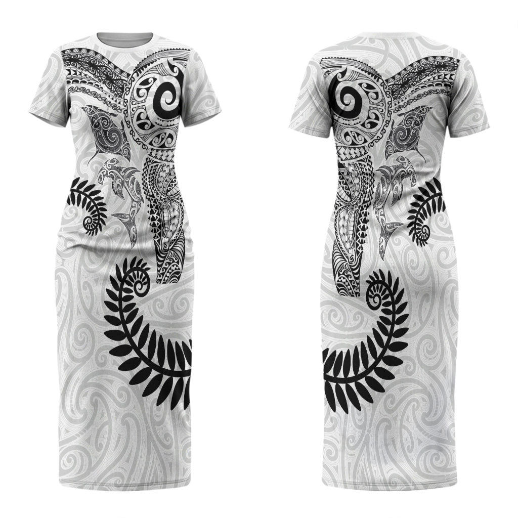 Aotearoa Maori Sea Animals Tribal Couples Matching Short Sleeve Bodycon Dress and Hawaiian Shirt Manta Ray and Shark Moko Pattern White Color LT03 - Polynesian Pride