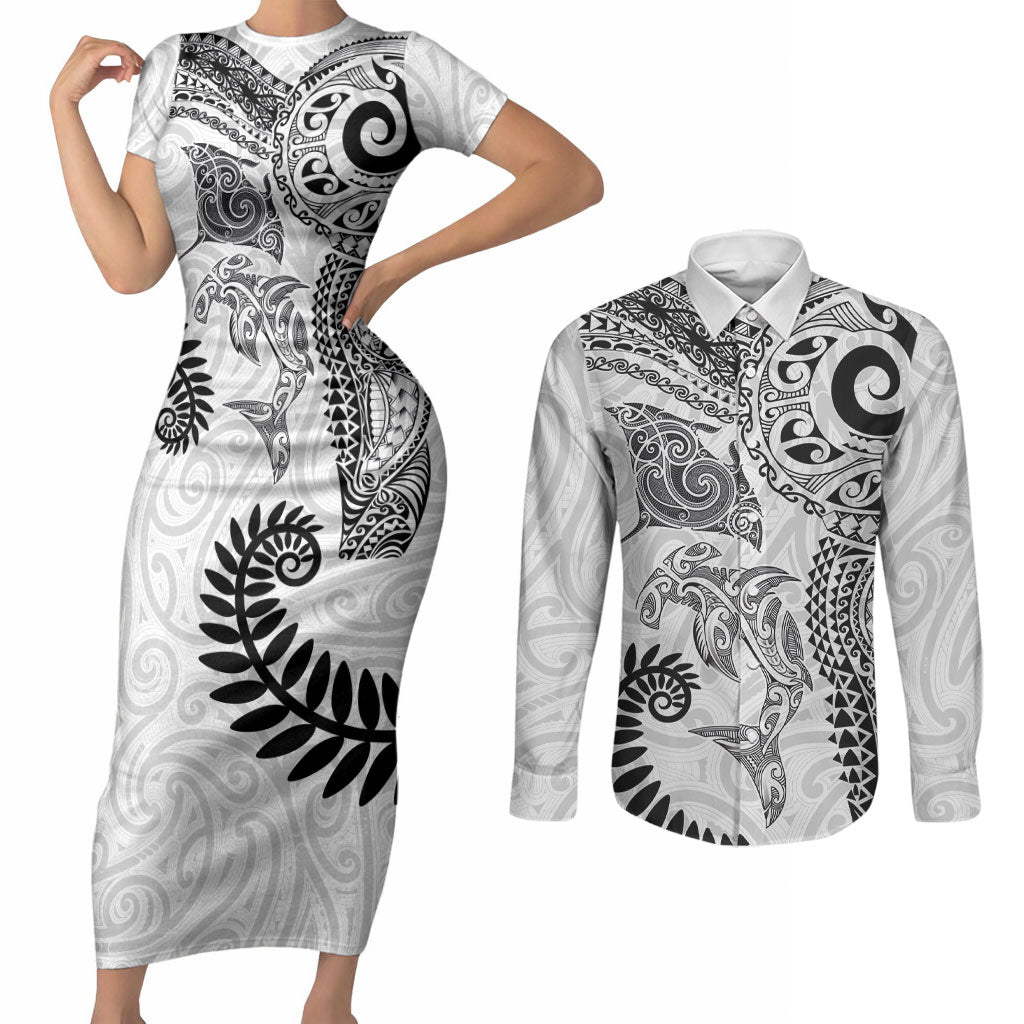 Aotearoa Maori Sea Animals Tribal Couples Matching Short Sleeve Bodycon Dress and Long Sleeve Button Shirt Manta Ray and Shark Moko Pattern White Color LT03 White - Polynesian Pride
