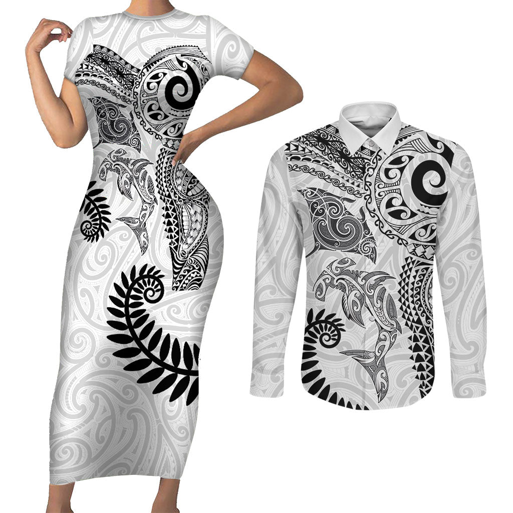 Aotearoa Maori Sea Animals Tribal Couples Matching Short Sleeve Bodycon Dress and Long Sleeve Button Shirt Manta Ray and Shark Moko Pattern White Color LT03 White - Polynesian Pride