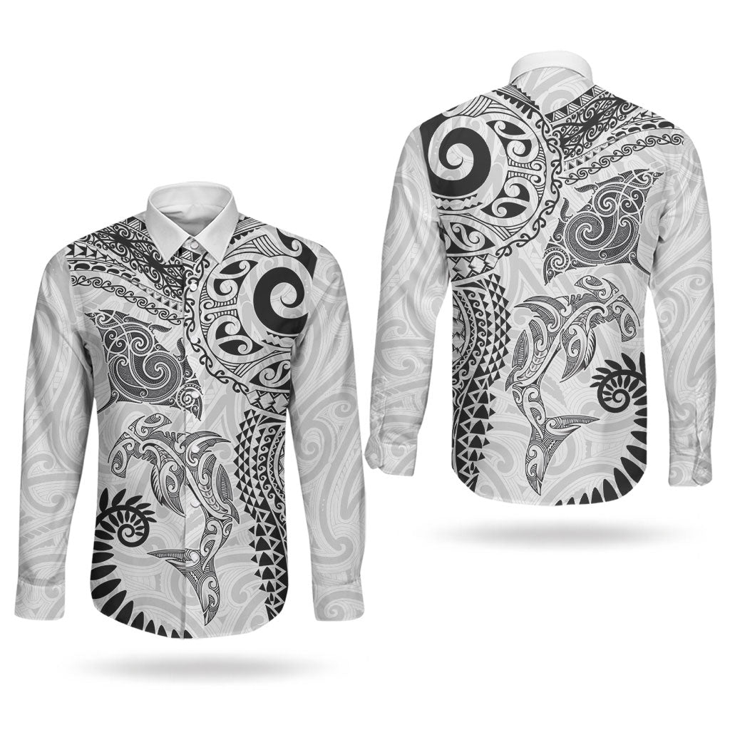 Aotearoa Maori Sea Animals Tribal Couples Matching Short Sleeve Bodycon Dress and Long Sleeve Button Shirt Manta Ray and Shark Moko Pattern White Color LT03 - Polynesian Pride