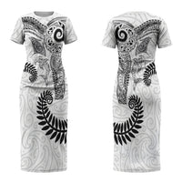 Aotearoa Maori Sea Animals Tribal Couples Matching Short Sleeve Bodycon Dress and Long Sleeve Button Shirt Manta Ray and Shark Moko Pattern White Color LT03 - Polynesian Pride