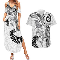 Aotearoa Maori Sea Animals Tribal Couples Matching Summer Maxi Dress and Hawaiian Shirt Manta Ray and Shark Moko Pattern White Color