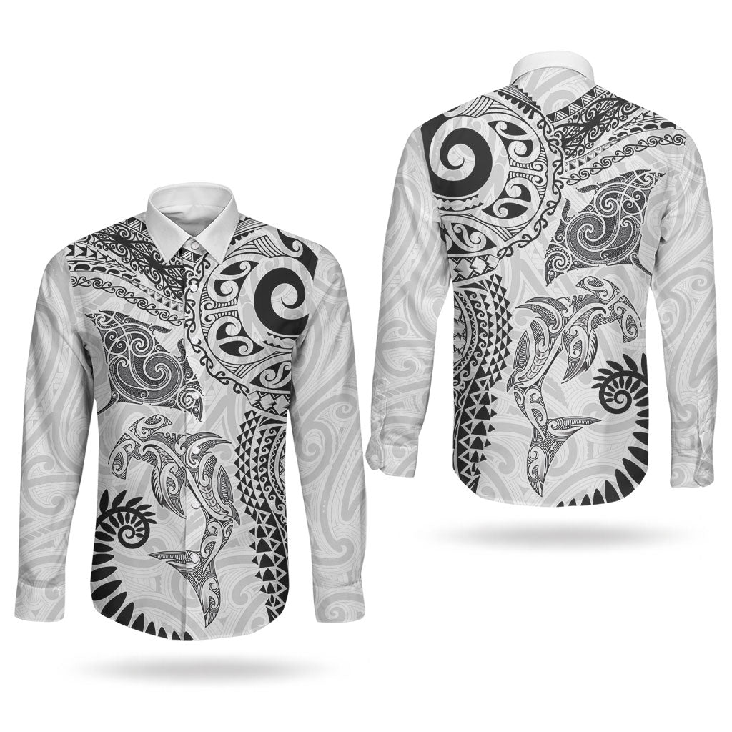 Aotearoa Maori Sea Animals Tribal Couples Matching Summer Maxi Dress and Long Sleeve Button Shirt Manta Ray and Shark Moko Pattern White Color LT03 - Polynesian Pride