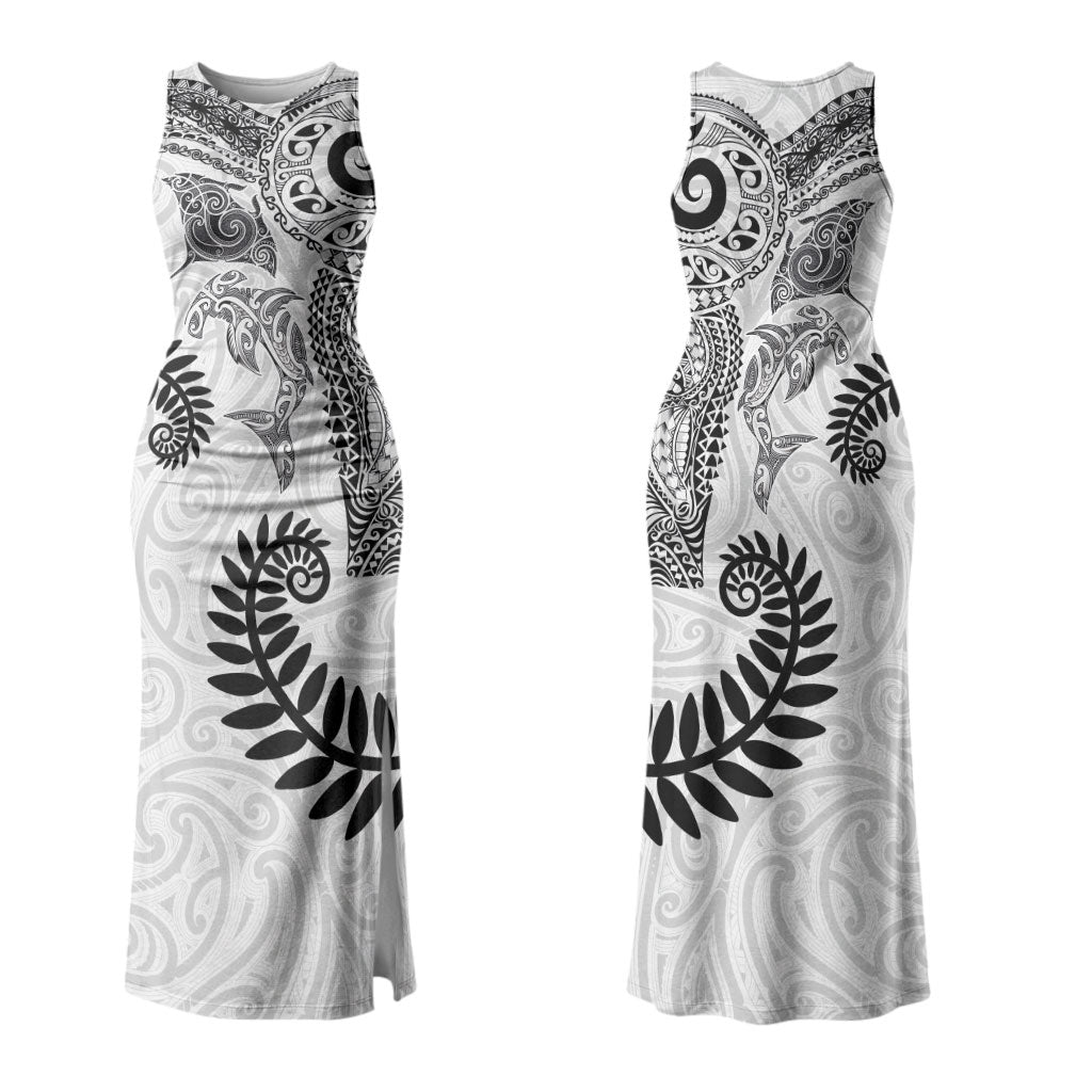 Aotearoa Maori Sea Animals Tribal Couples Matching Tank Maxi Dress and Hawaiian Shirt Manta Ray and Shark Moko Pattern White Color LT03 - Polynesian Pride