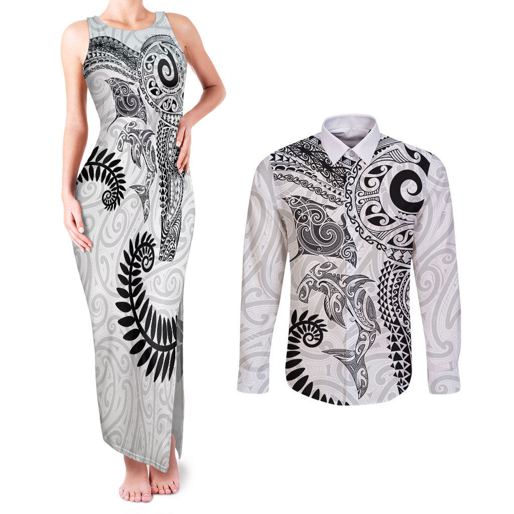 Aotearoa Maori Sea Animals Tribal Couples Matching Tank Maxi Dress and Long Sleeve Button Shirt Manta Ray and Shark Moko Pattern White Color LT03 White - Polynesian Pride