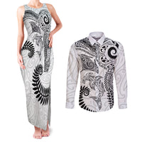 Aotearoa Maori Sea Animals Tribal Couples Matching Tank Maxi Dress and Long Sleeve Button Shirt Manta Ray and Shark Moko Pattern White Color