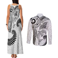 Aotearoa Maori Sea Animals Tribal Couples Matching Tank Maxi Dress and Long Sleeve Button Shirt Manta Ray and Shark Moko Pattern White Color