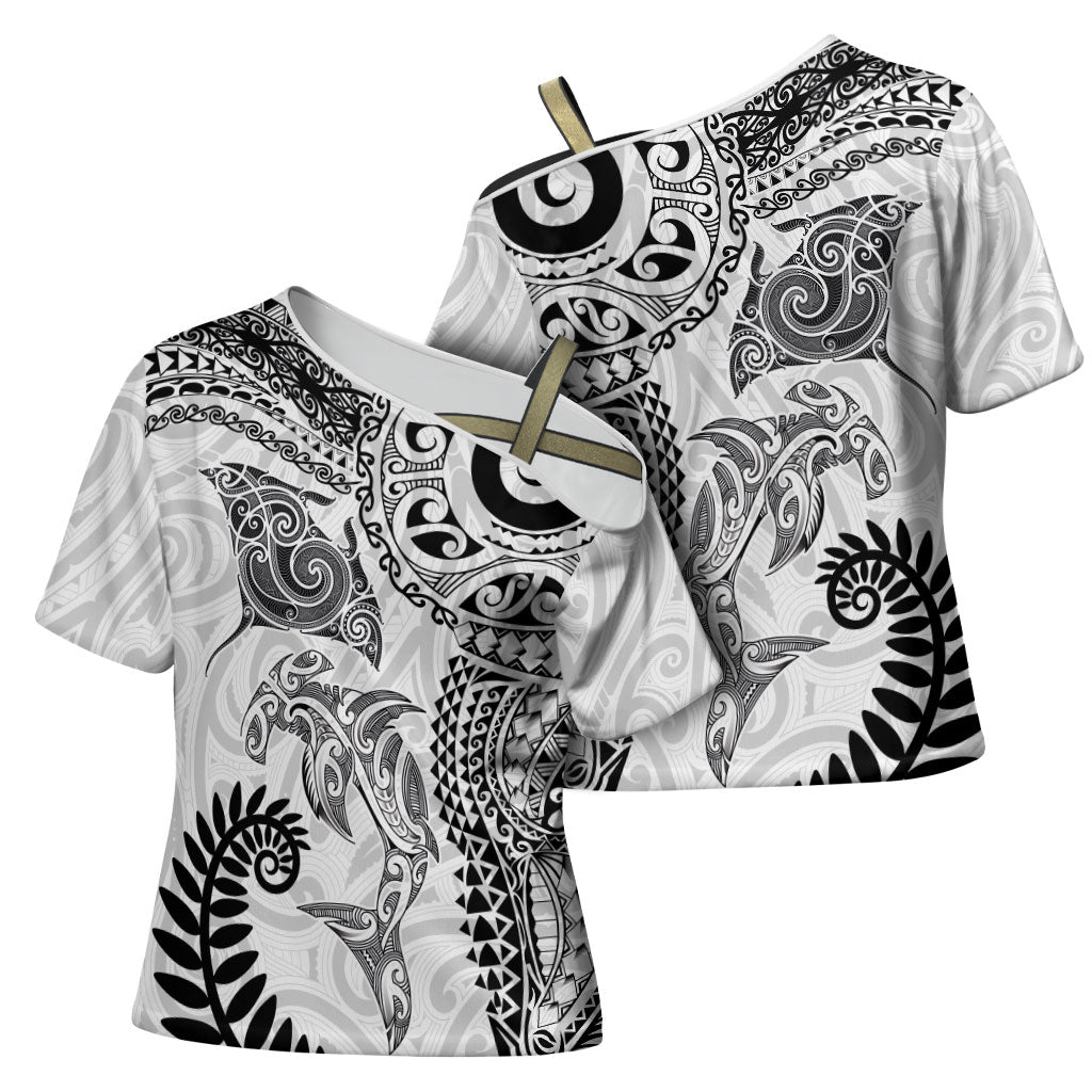 Aotearoa Maori Sea Animals Tribal Cross Shoulder Shirt Manta Ray and Shark Moko Pattern White Color