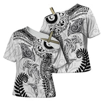 Aotearoa Maori Sea Animals Tribal Cross Shoulder Shirt Manta Ray and Shark Moko Pattern White Color